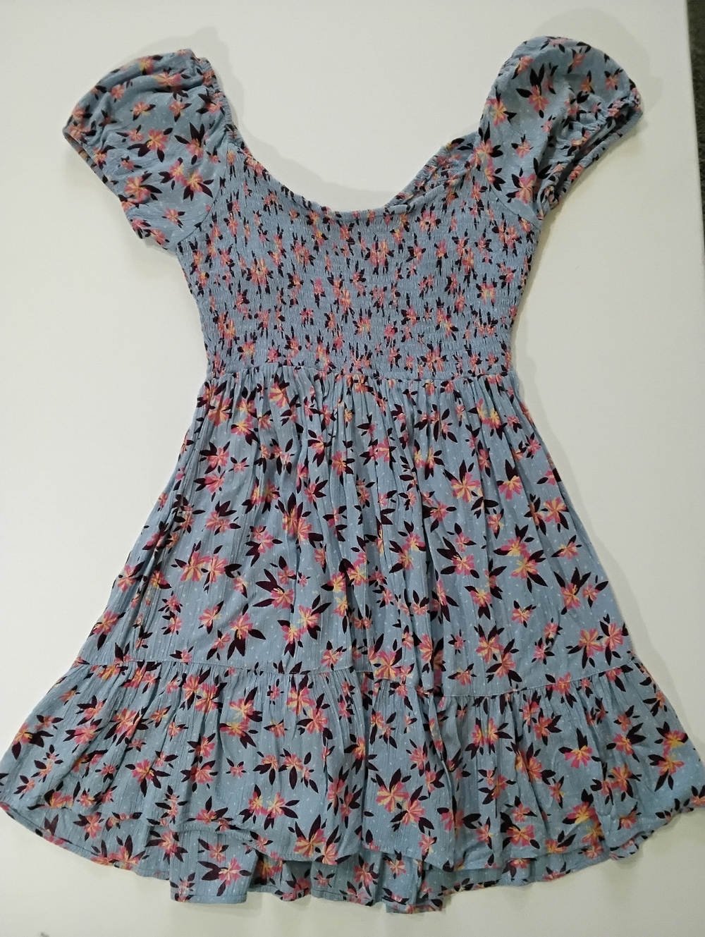 Angie Puff Sleeve Mini Dress Womens Small Blue Maroon Floral Cottagecore Boho